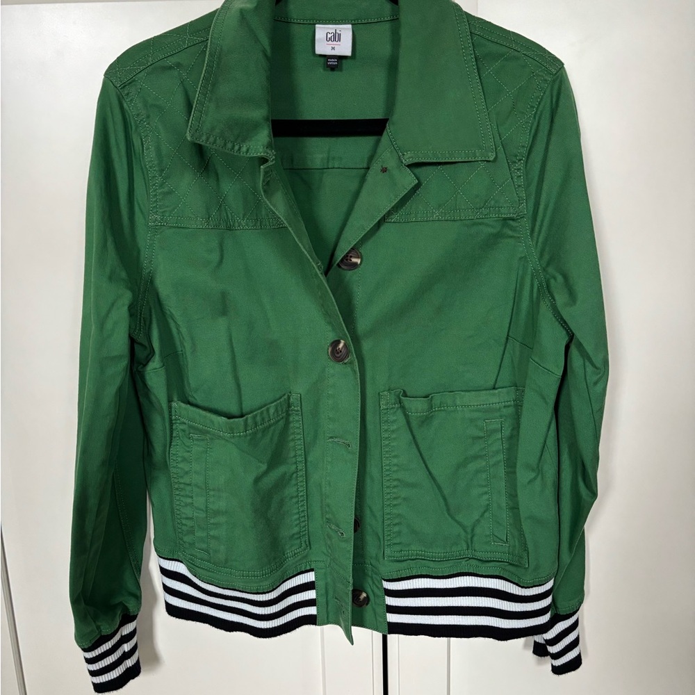 CAbi Green Mod Bomber Jacket with Striped Hem